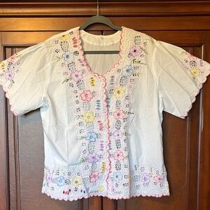 Vintage Embroidered Womens Top Blouse White Floral Button Down Shirt Extra Large